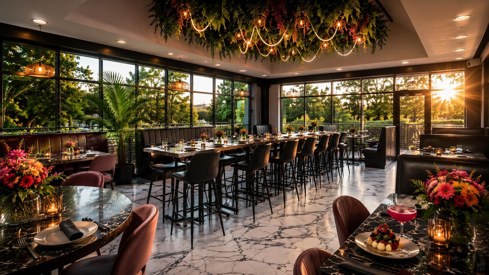 Dawn & Dusk Cantina sunset dining room with hanging greenery