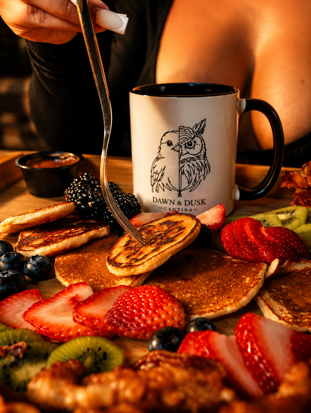 Dawn & Dusk Cantina pancake brunch board with signature owl mug
